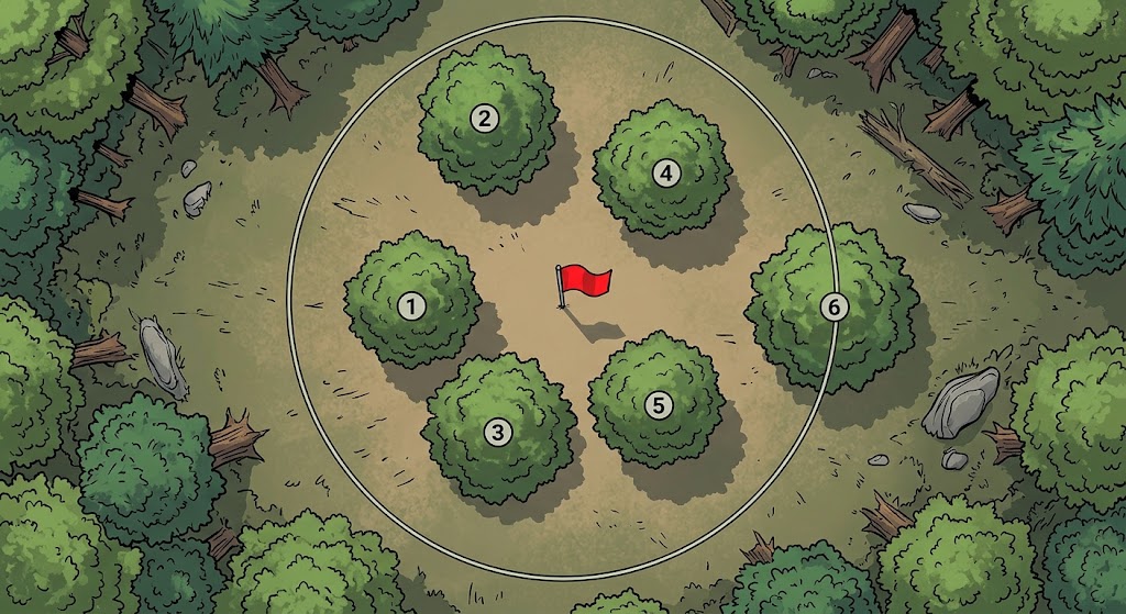 Illustration d'un point d'observation vu du ciel : un drapeau rouge au centre, six arbres numérotés autour, dans une clairière circulaire au cœur de la forêt.