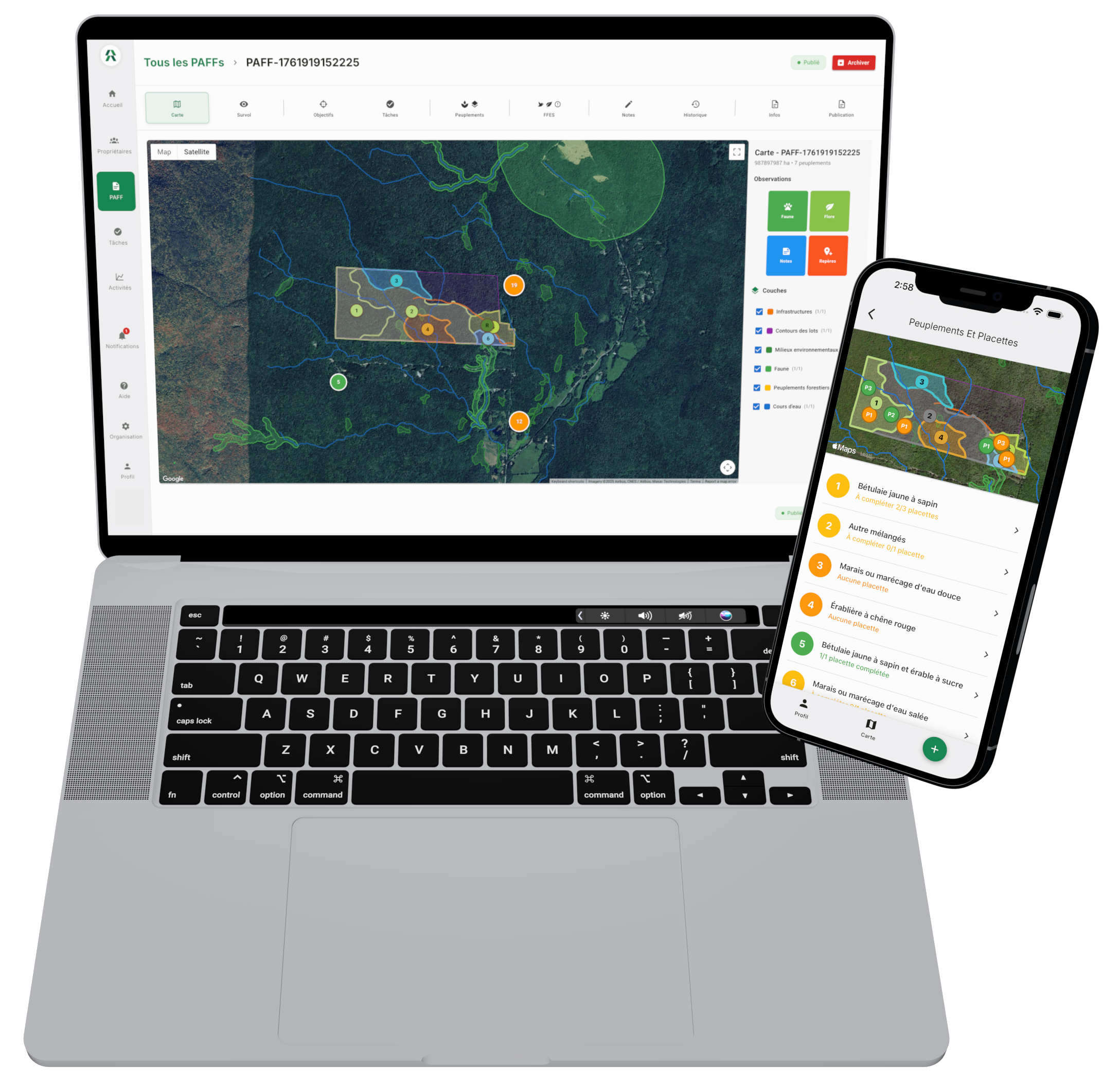 Screenshot de l'application Fyri pour ingénieurs forestiers